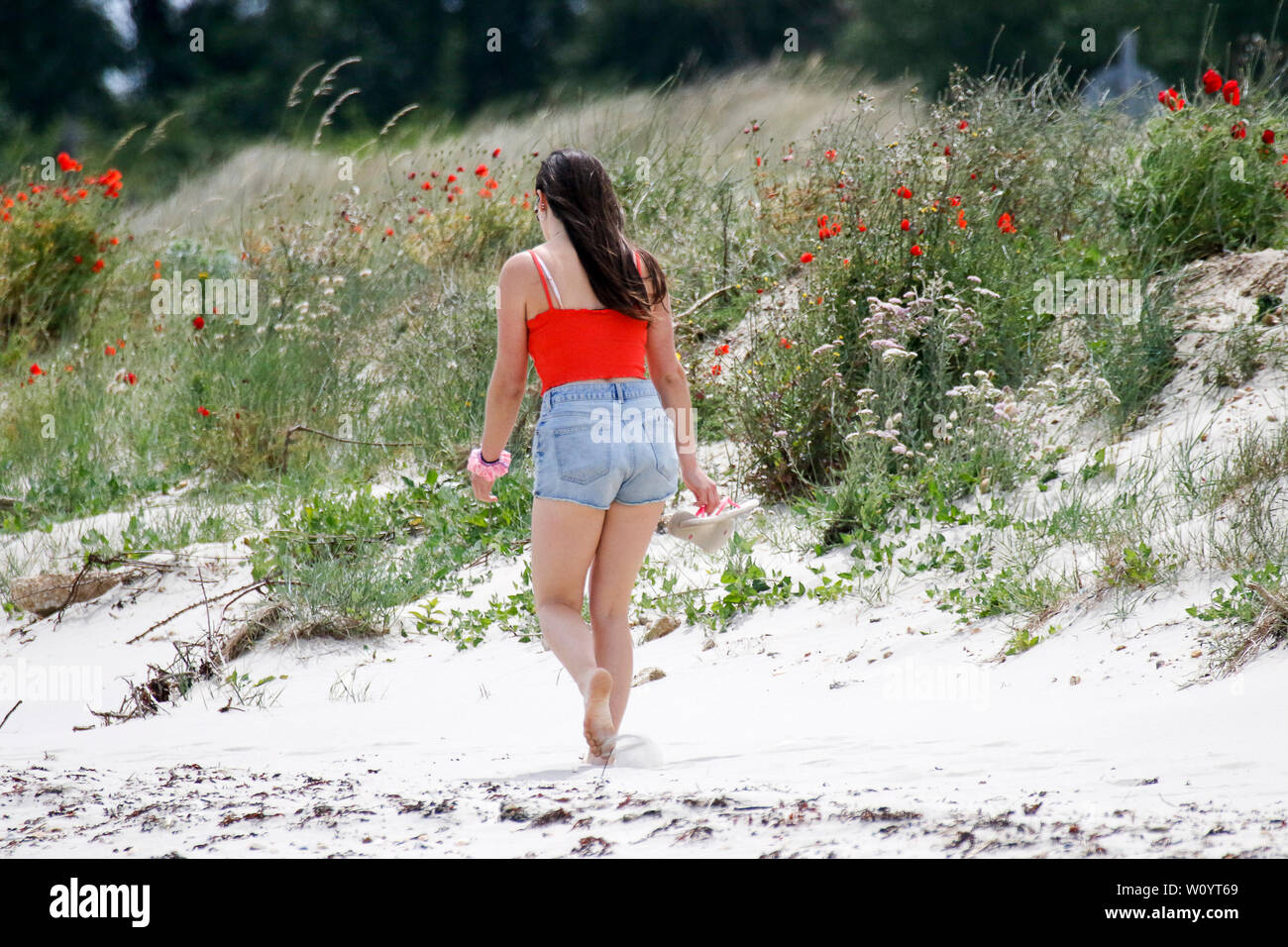 Bracklesham Straße, Hayling Island. 28. Juni 2019. Schöne sonnige Wetter entlang der Südküste heute. Tagesausflügler genießen das Wetter in Hayling Island Sailing Club in Hampshire. Credit: James Jagger/Alamy leben Nachrichten Stockfoto