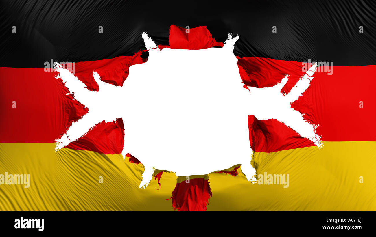 Deutschland Fahne mit einem großen Loch, weißer Hintergrund, 3D-Rendering Stockfoto