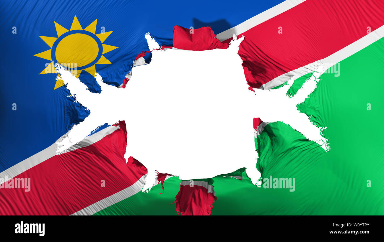 Namibia Flagge mit einem großen Loch, weißer Hintergrund, 3D-Rendering Stockfoto