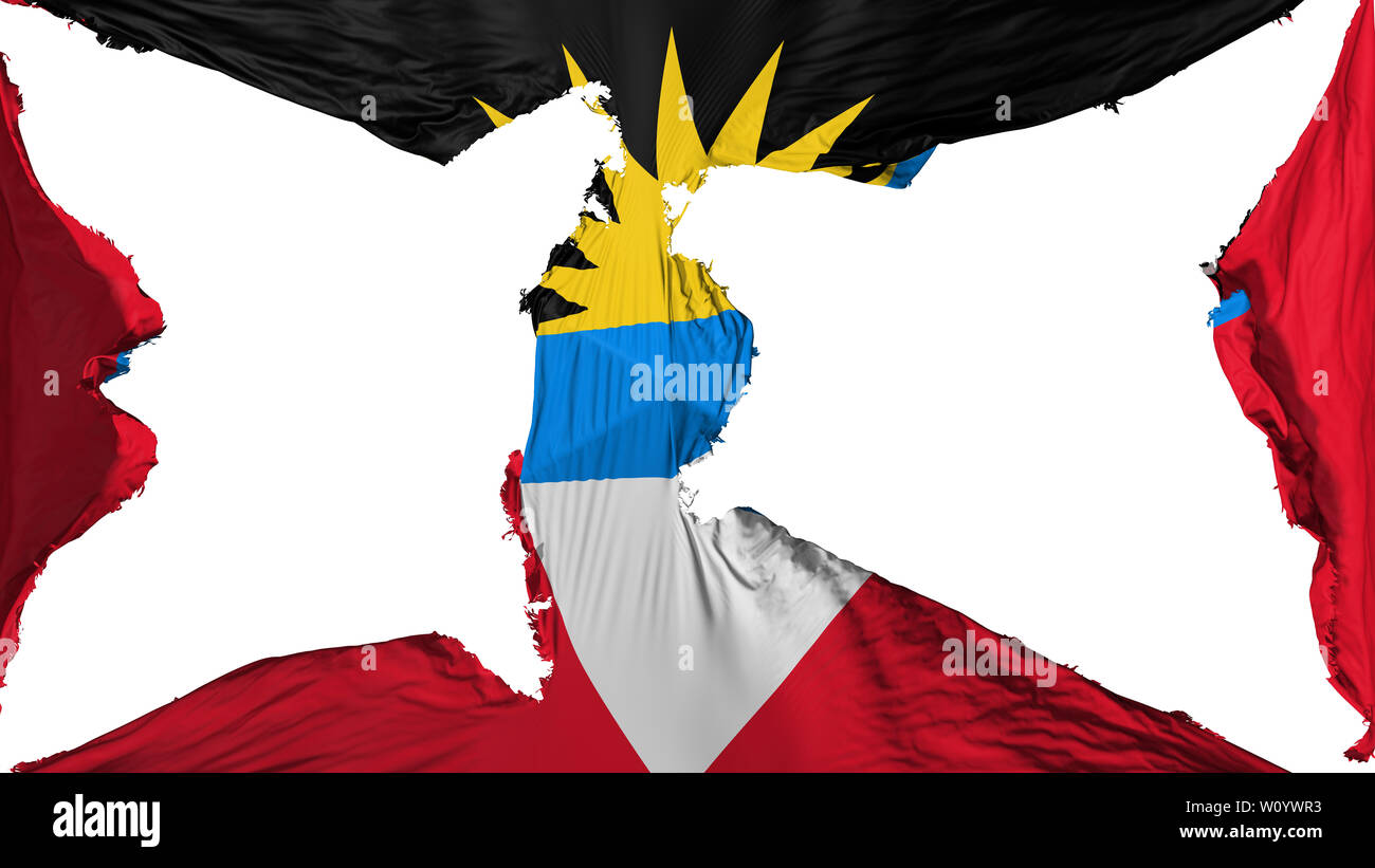 Zerstört Antigua und Barbuda Flagge, weißer Hintergrund, 3D-Rendering Stockfoto