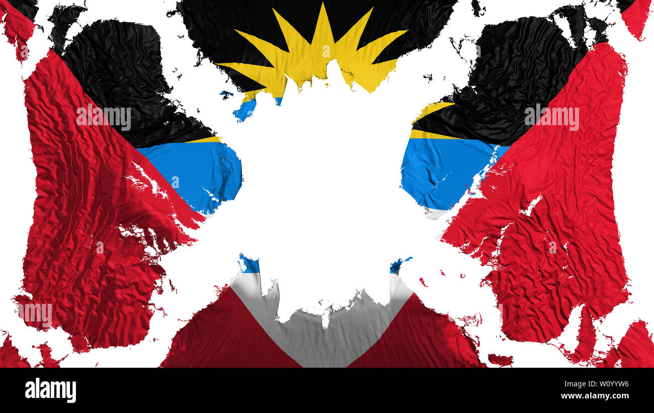 Antigua und Barbuda zerrissene Flagge im Wind flattern, auf weißem Hintergrund, 3D-Rendering Stockfoto