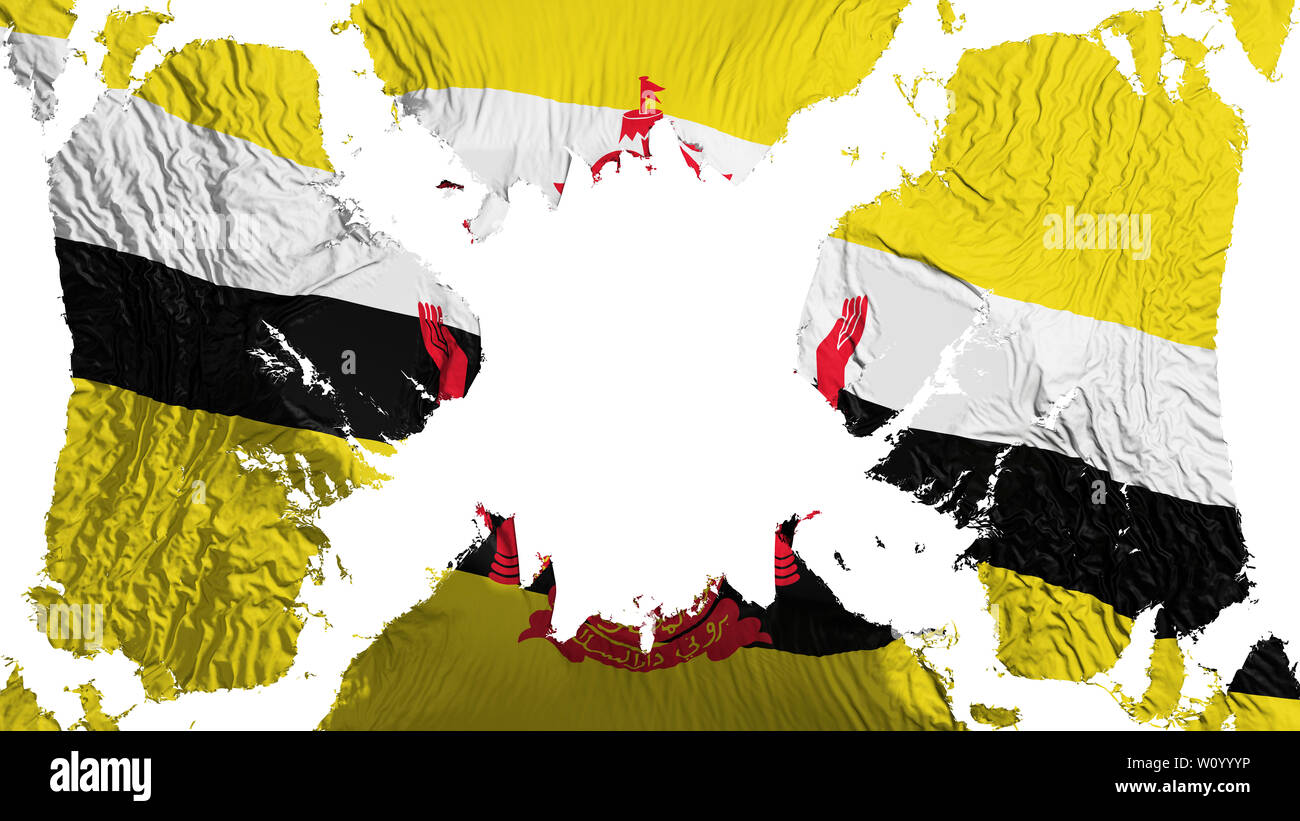 Brunei zerrissene Flagge im Wind flattern, auf weißem Hintergrund, 3D-Rendering Stockfoto