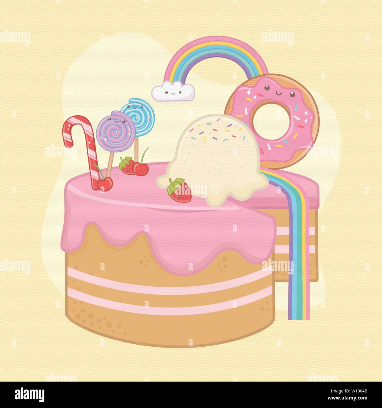 Süße Kuchen von Erdbeer Sahne mit kawaii Zeichen Vector Illustration Design Stock Vektor