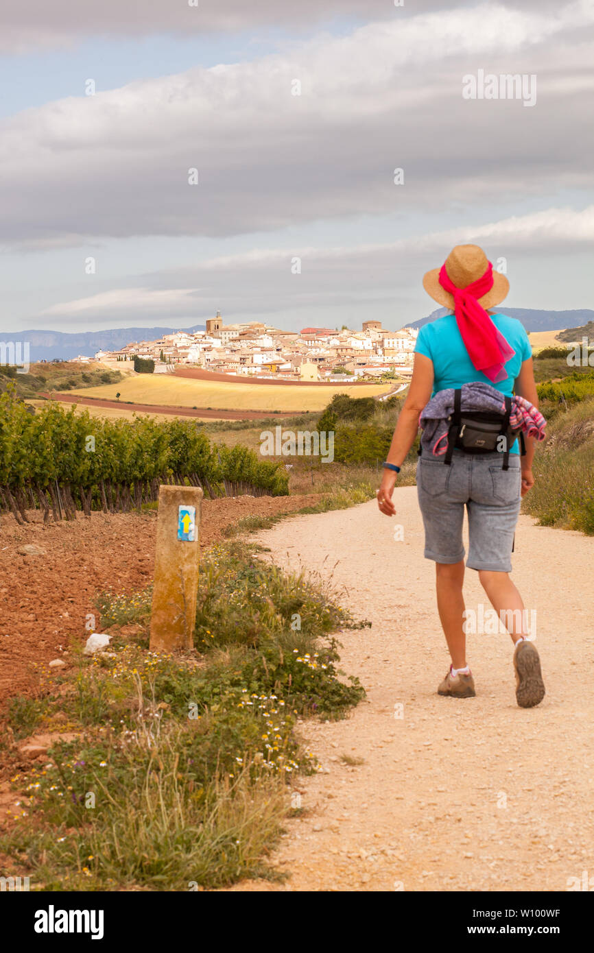 Backpacker-Frau auf der spanischen Pilgerroute der Camino de Santiago der Jakobsweg in Richtung des Dorfes Cirauqui in Navarra Spanien Stockfoto