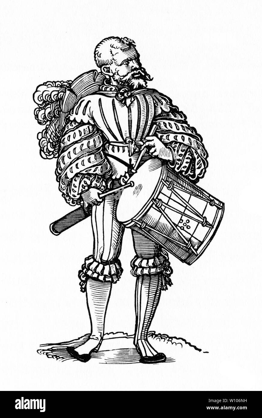 Gravur einer Landsknecht oder Schlagzeuger, für die Befehle in der Schlacht duirng Konflikte des Mittelalters und später verwendet Stockfoto