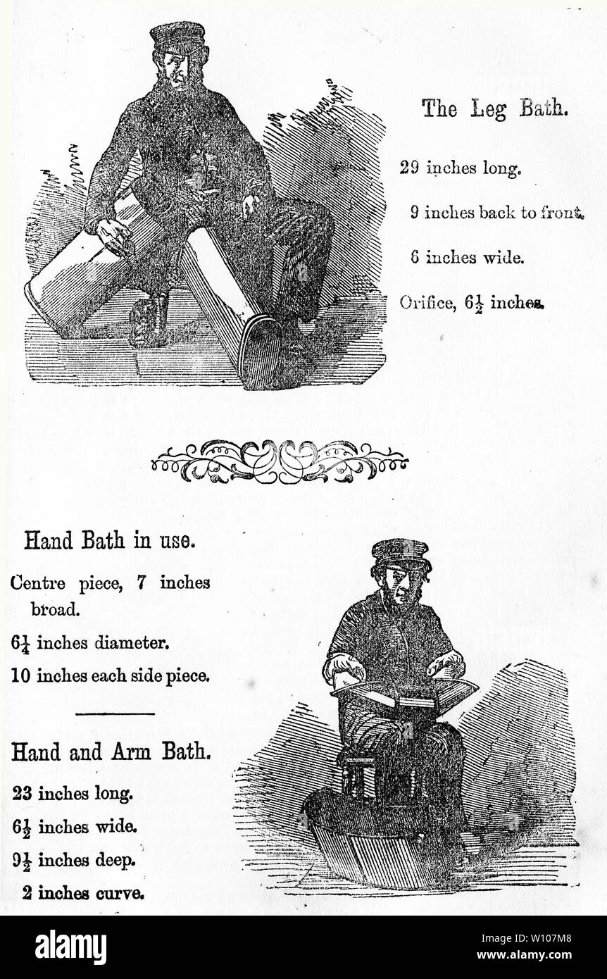 Gravur einer Person mit einem speziellen Baden Apparate für die Beine (oben) oder der Hände und Arme (unten) für die medizinische Behandlung. Von John Smedley praktische Wassertherapie, ca. 1880 Stockfoto