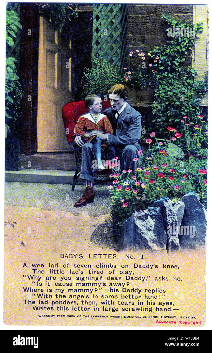 Eine Welt Krieg eine Ära Postkarte mit einem Vers des Gedichts Baby's Schreiben, einer der vier Karten in der Reihe. Stockfoto