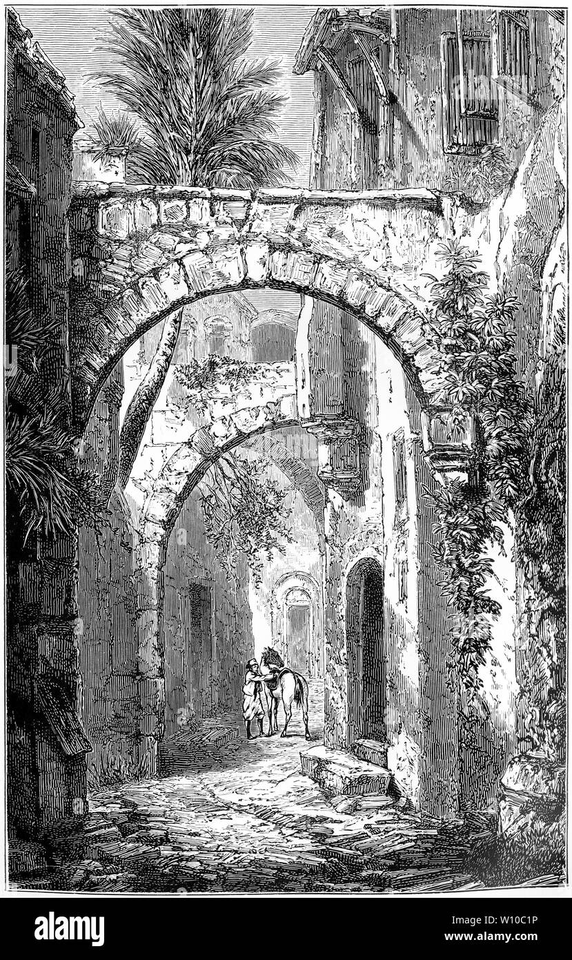 Gravur einer Straßenszene in antiken Rhodos, weltweit berühmt für den Koloss von Rhodos, eines der Sieben Weltwunder der Antike. Die mittelalterliche Altstadt von Rhodos Stadt ist zum Weltkulturerbe erklärt worden. Dies ist eines der beliebtesten Touristenziele in Europa. Durch Farrar, 1898 das Leben und Wirken des Hl. Paulus. Stockfoto