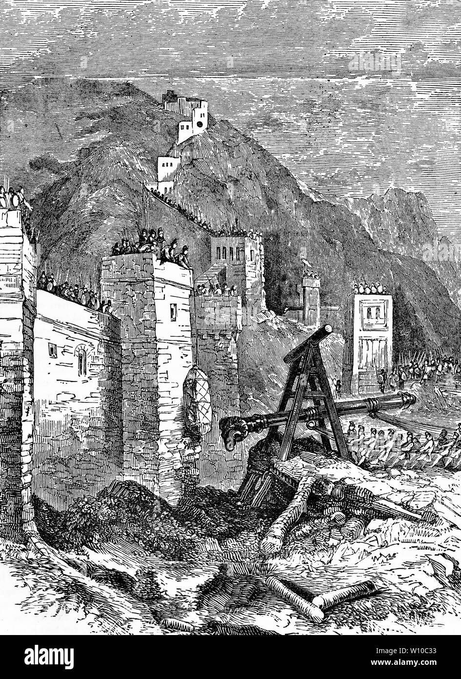 Gravur der römischen Legionen mit ihren Sturmböcke gegen die Mauern zu Jerusalem. Aus einer alten Ausgabe von Josephus. Stockfoto