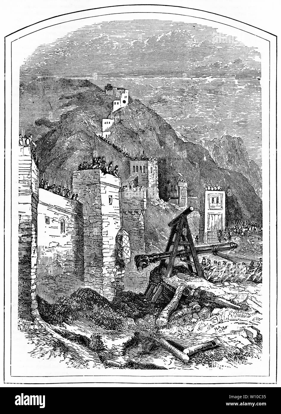 Gravur der römischen Legionen mit ihren Sturmböcke gegen die Mauern zu Jerusalem. Aus einer alten Ausgabe von Josephus. Stockfoto