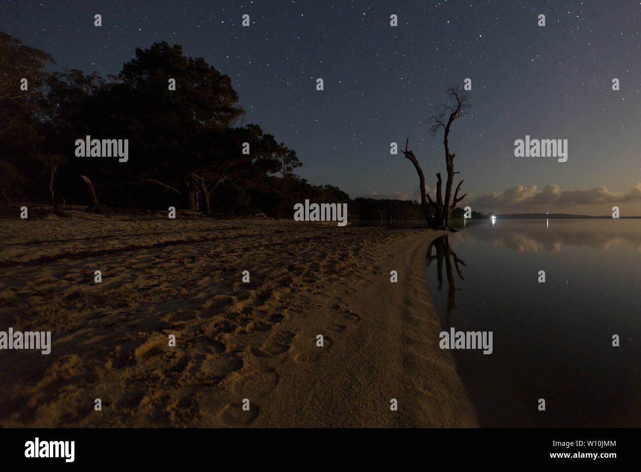 Mondaufgang über einem See, mit einem einzigen Baum unter der Milchstraße Stockfoto