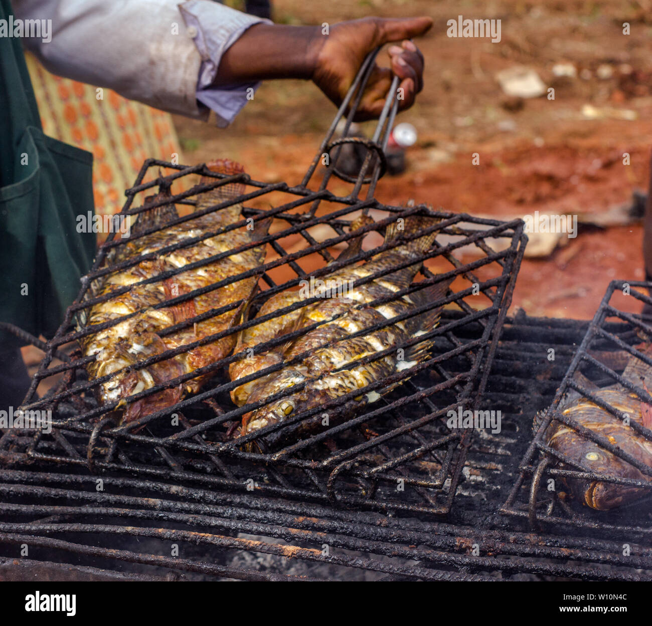 Süßwasser Fluss tilapia Fisch vom Grill auf einer gusseisernen Bratrost Grill Grill Stockfoto