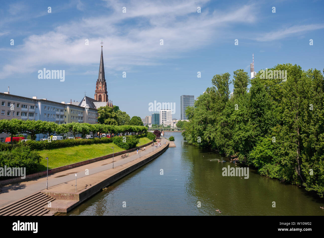 Waterfront Sommer Blick auf Frankfurt am Main in Deutschland auf dem Main Stockfoto
