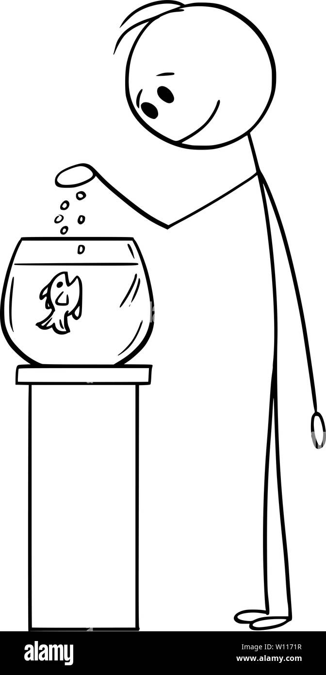 Vektor cartoon Strichmännchen Zeichnen konzeptionelle Darstellung des Menschen füttern Fische in sphärischen Fishbowl oder Aquarium oder Tank. Stock Vektor
