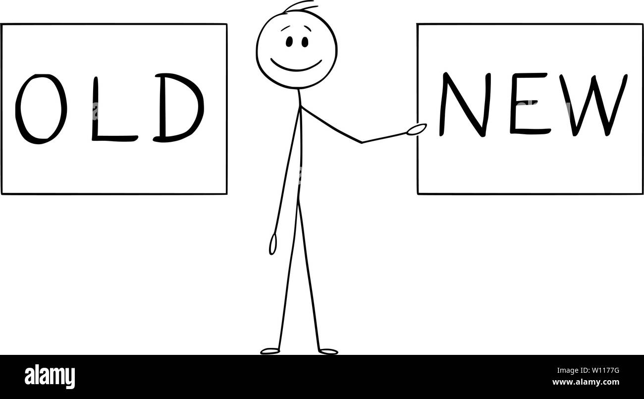 Vektor cartoon Strichmännchen Zeichnen konzeptionelle Darstellung der Mann oder Geschäftsmann anzeigen oder Präsentation von alten und neuen Texten. Stock Vektor