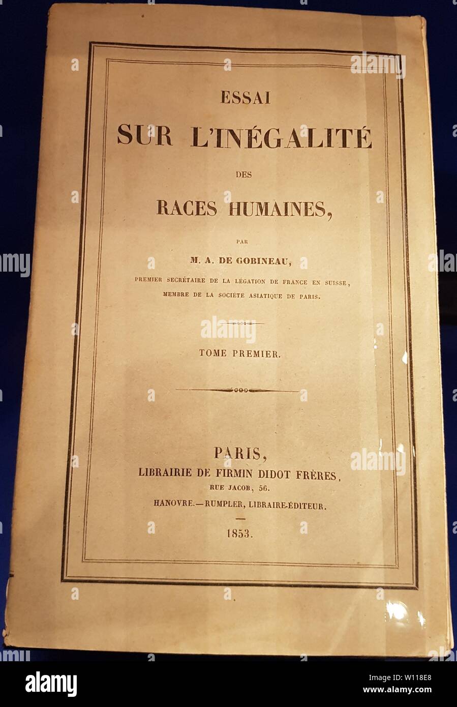 Ensayo sobre la desigualdad de las razas Humanas, Joseph Arthur de Gobineau. Primer Tomo (Original). Stockfoto