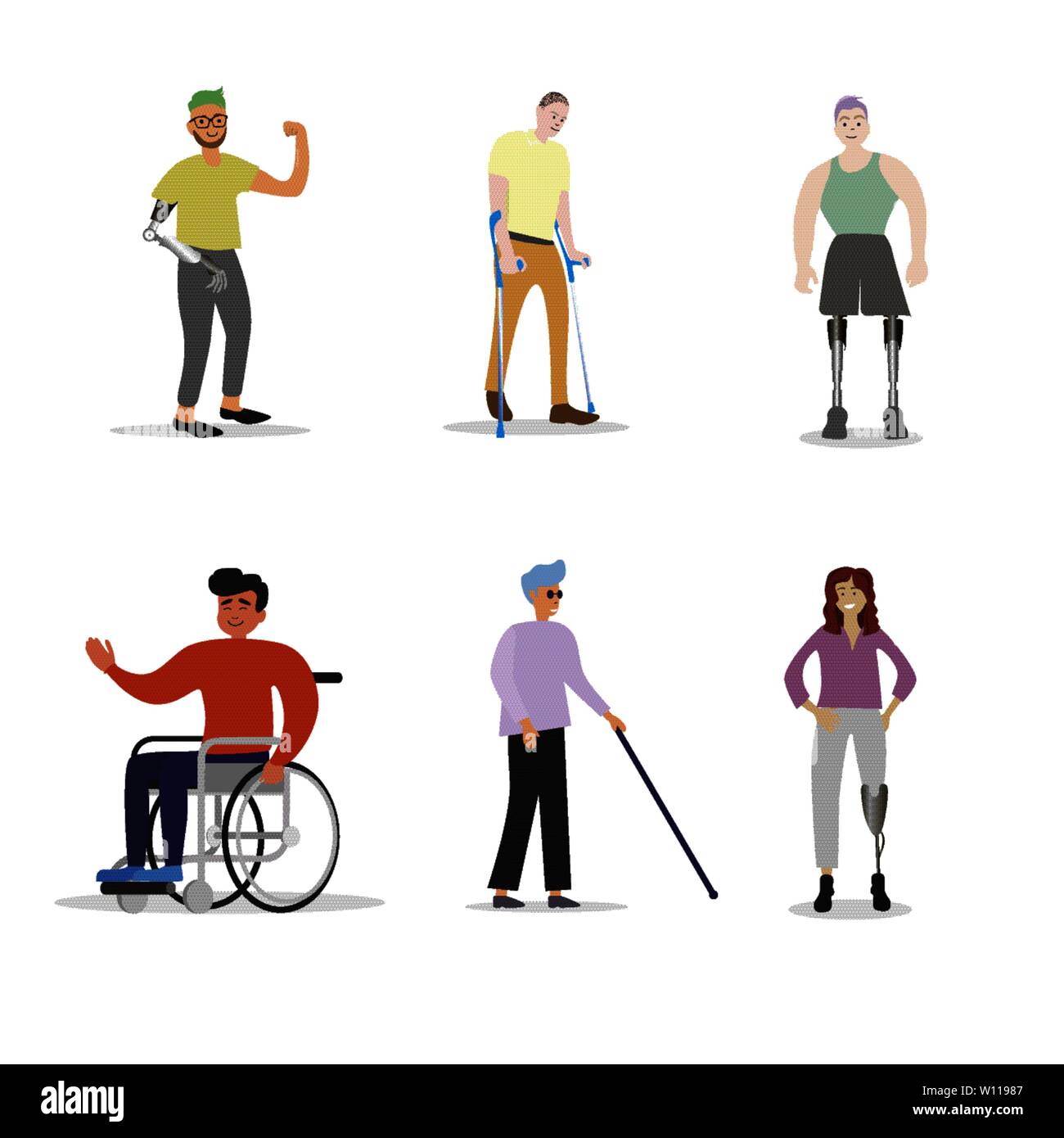 Behinderung Menschen mit Behinderungen. Behinderte mit prothetischen Bein und Arm, blind und im Rollstuhl. Vector Illustration. Menschliche Unterstützung, krücke ungültig Stock Vektor