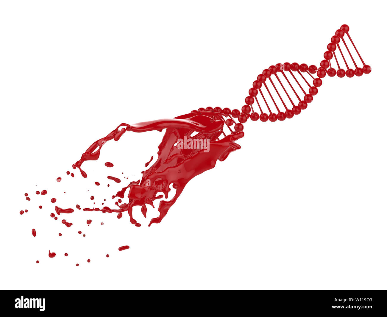 3D-rendering DNA-Helix mit Blut spritzen isoliert auf weißem Stockfoto