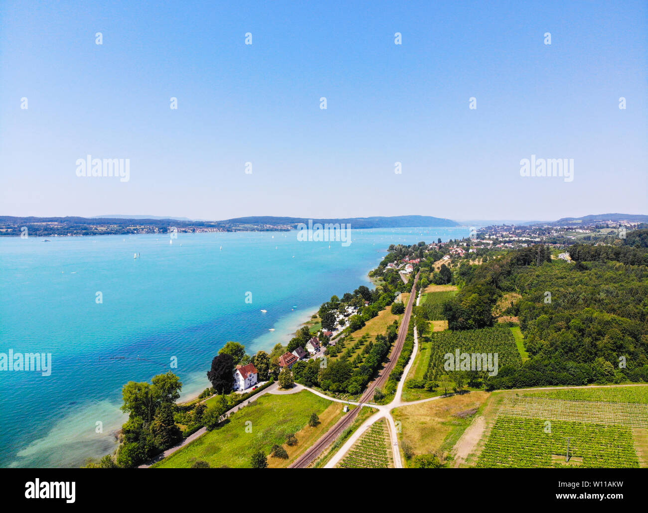Luftaufnahme am Bodensee - Bodensee. Zwischen Meersburg, Überlingen, in der Nähe von Friedrichshafen. Deutschland Stockfoto