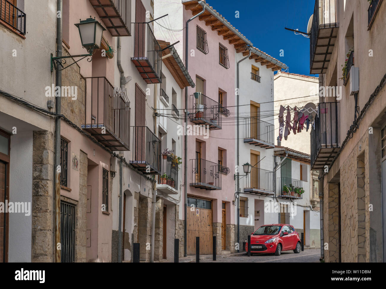 Carrer Del Mestre Carbo, Straße in Morella, Maestrat Region, Provinz Castellón, Valencia, Spanien Stockfoto