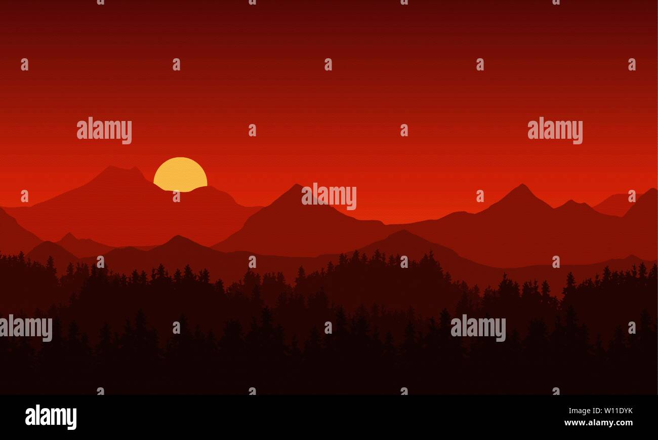 Realistische Darstellung der Berglandschaft mit nadelwald unter Red Morgen oder Abend Himmel mit orange steigende oder Einstellung der Sonne und Platz für t Stock Vektor