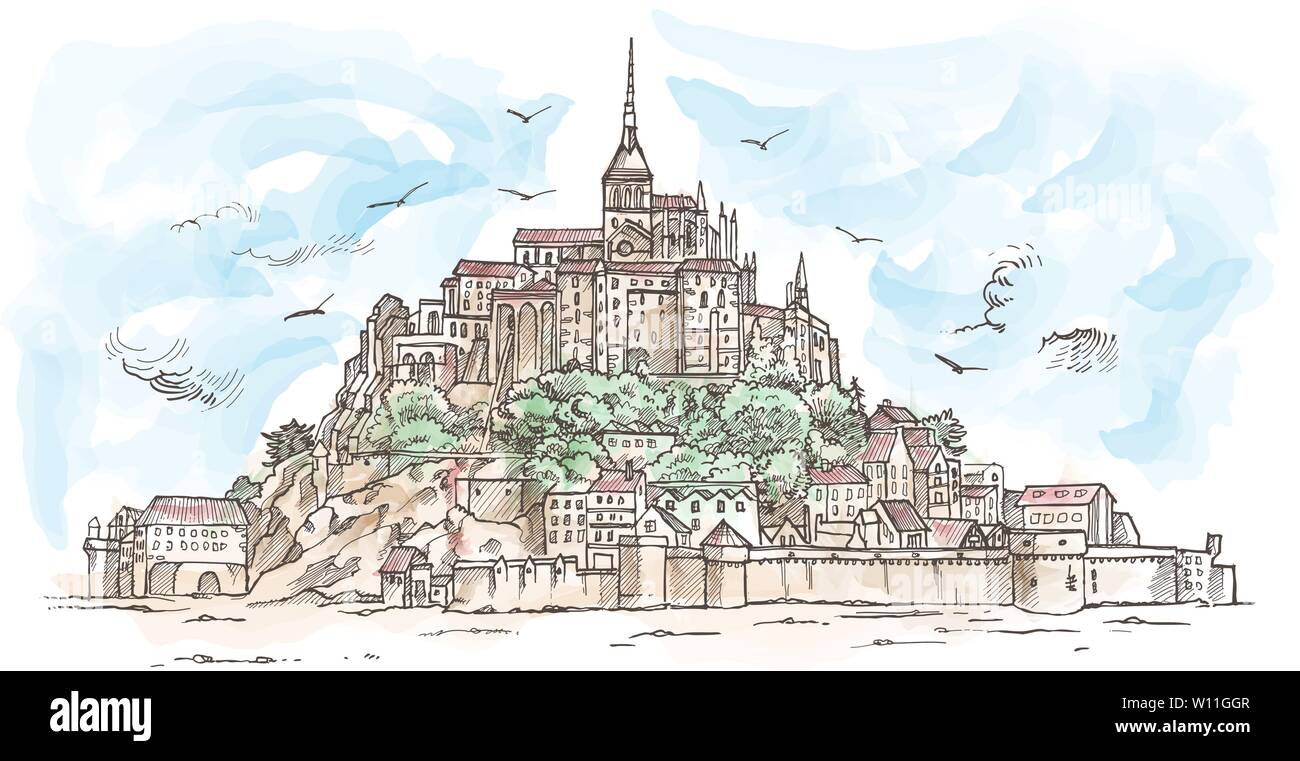 Le Mont Saint Michel, Frankreich. Hand gezeichnete Skizze Aquarell. Abbildung im Vektor Stock Vektor