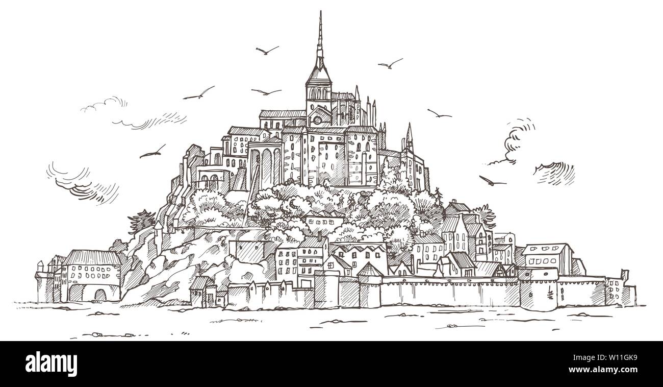 Le Mont Saint Michel, Normandie, Frankreich. Handskizze Abbildung in Vector gezeichnet Stock Vektor