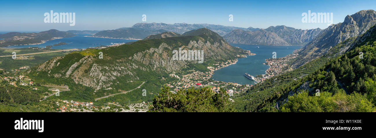 Tivat Bucht und Panorama der Bucht von Kotor, Montenegro Stockfoto