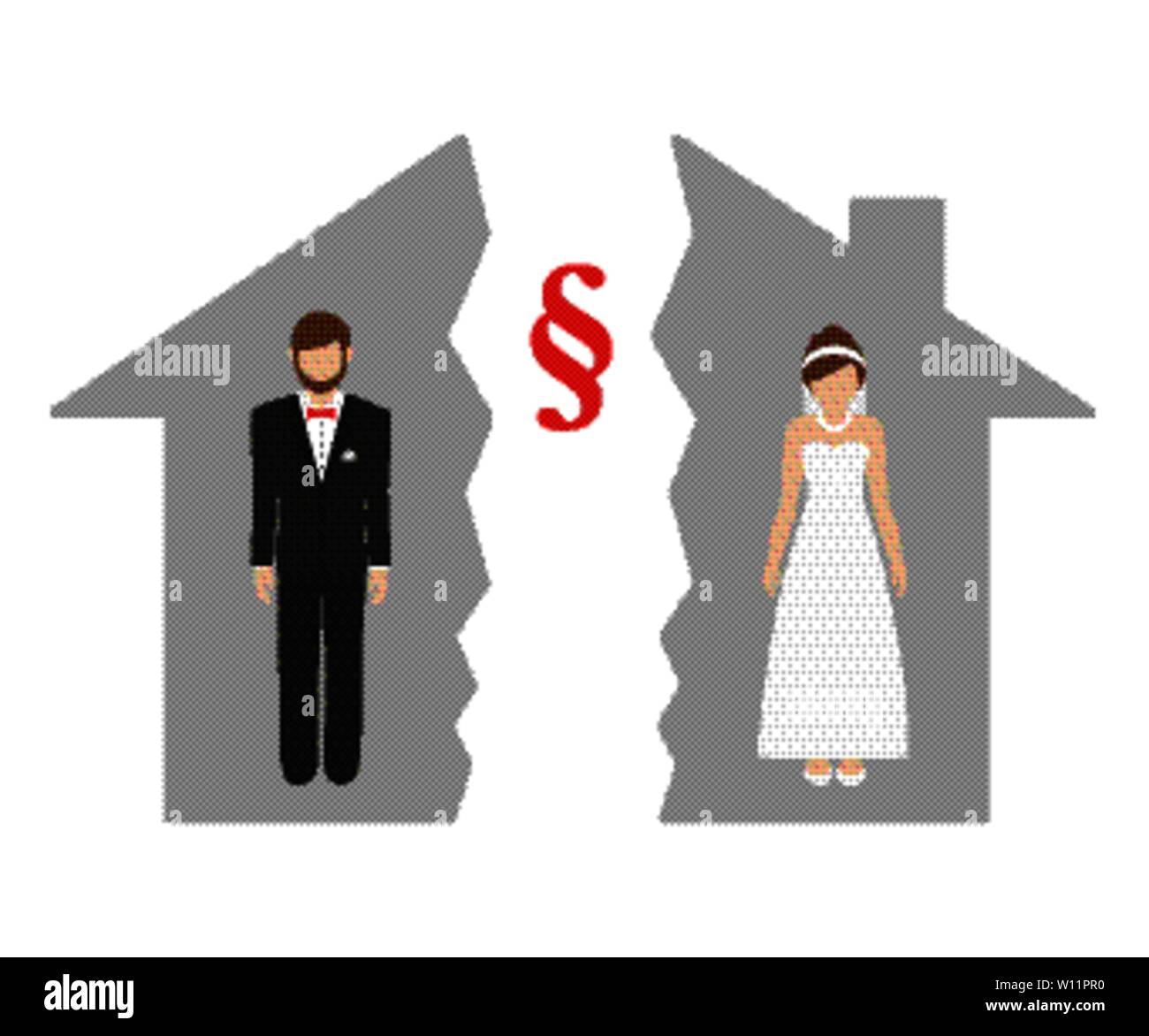 Vermögensaufteilung bei der Scheidung von Mann und Frau in einer Hälfte Haus Vektor-illustration EPS 10. Stock Vektor