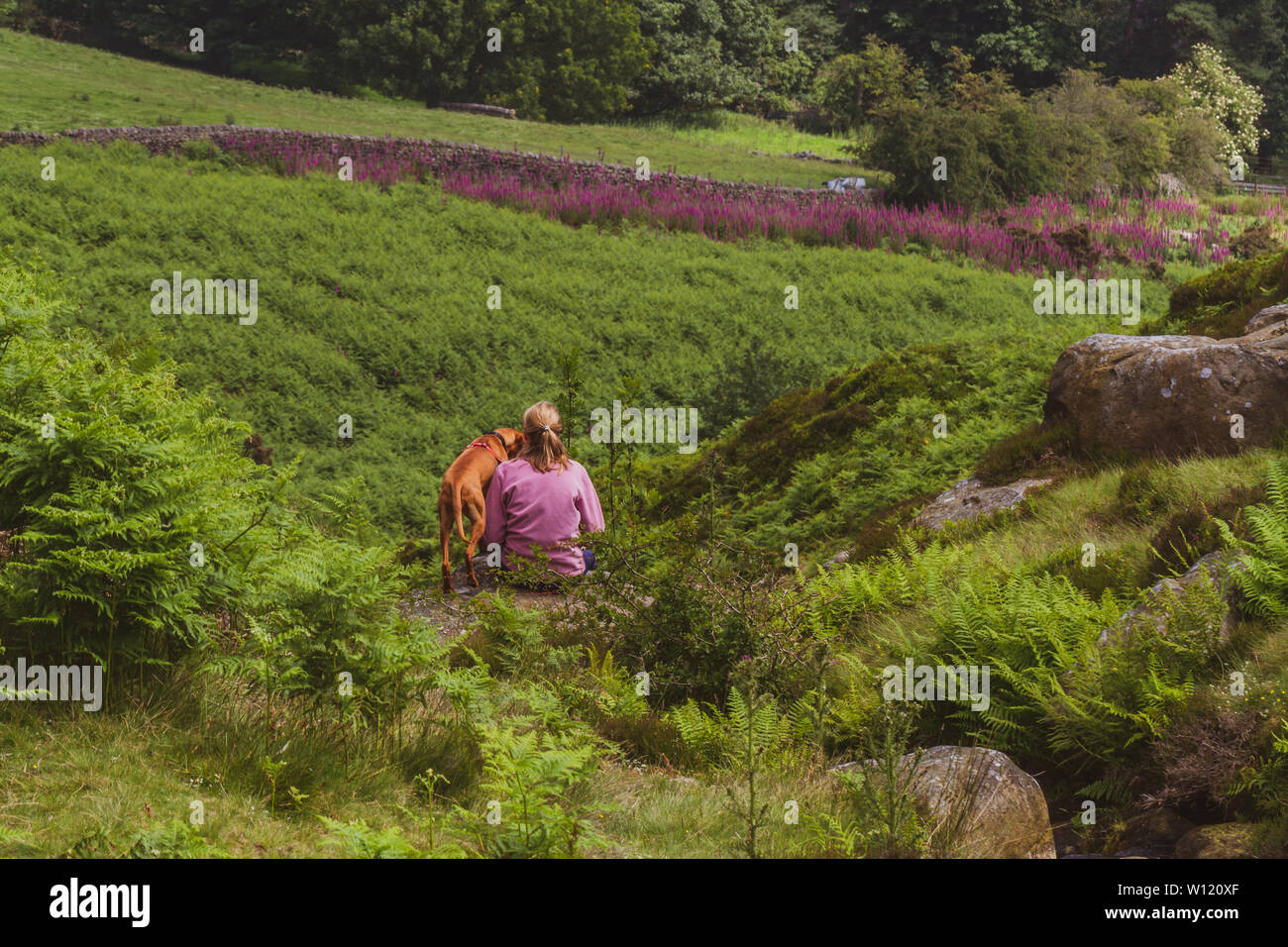 Eine instagram Blick Schoß einer Frau, die mit ihrem Hund sitzend bewundern Sie die Aussicht von Fingerhut, finden einige Einsamkeit auf Ilkley Moor, Großbritannien Stockfoto