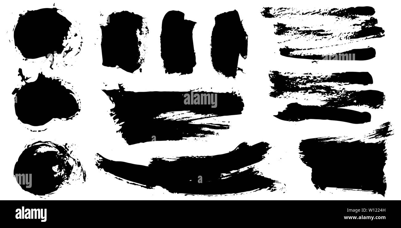 Satz Tinte schwarz Hand gezeichnet Bürsten Sammlung auf weißem Hintergrund für Ihr Design isoliert. Dirty künstlerische Pinselstriche Element. Schwarze Etiketten, hinterg Stock Vektor