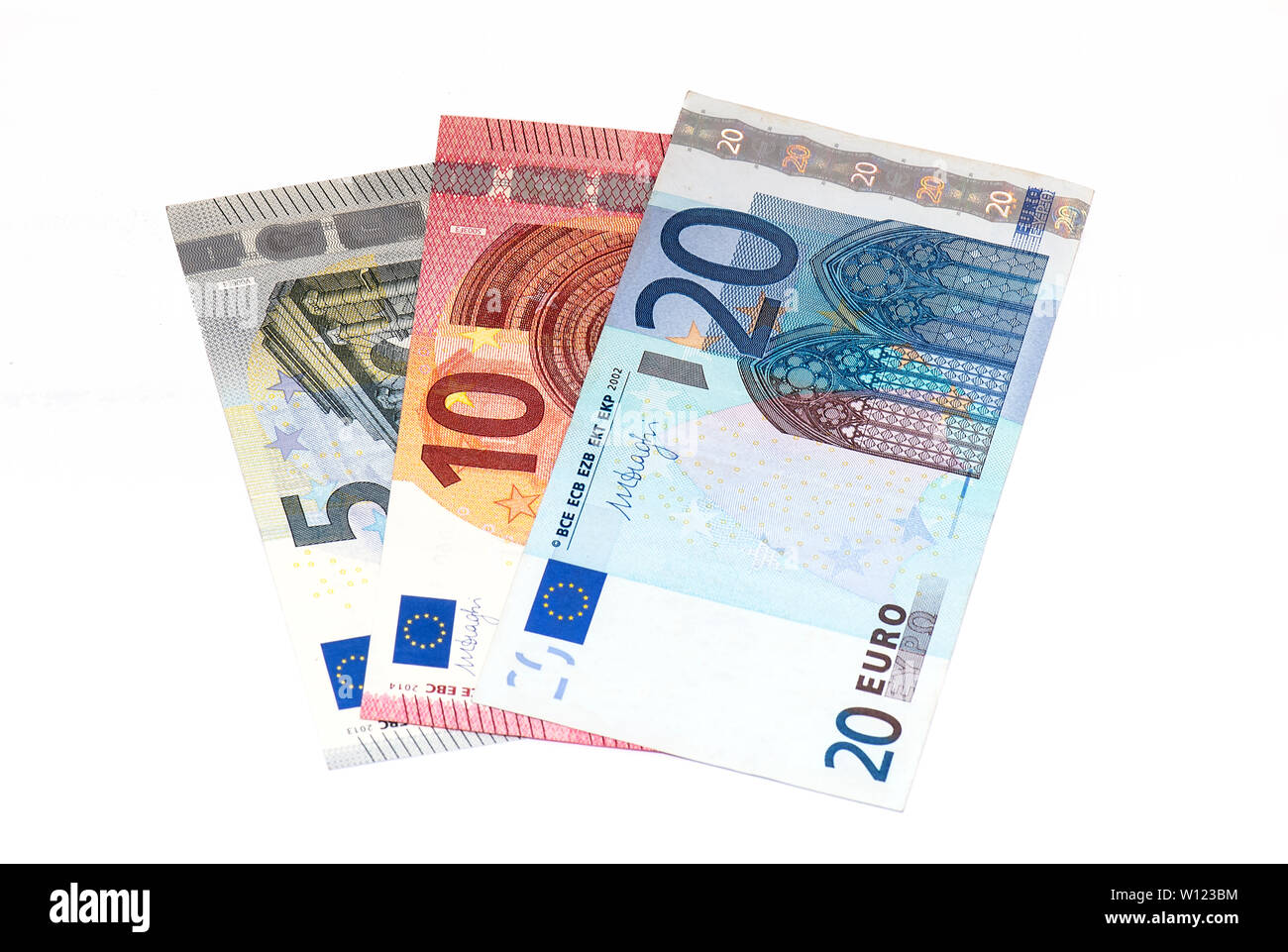5, 10, 20 Euro-Banknoten isoliert auf weißem Hintergrund Stockfoto