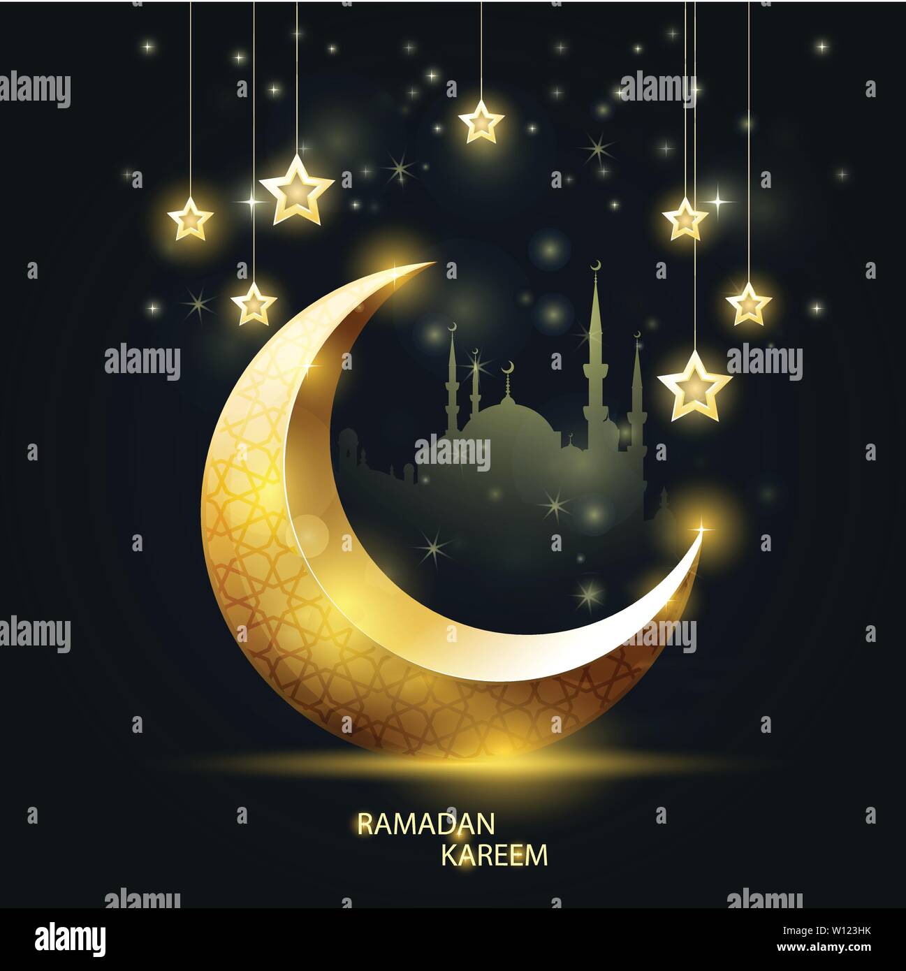 Ramadan Kareem - islamischen Halbmond und Moschee Silhouette, hängenden Sterne Stock Vektor