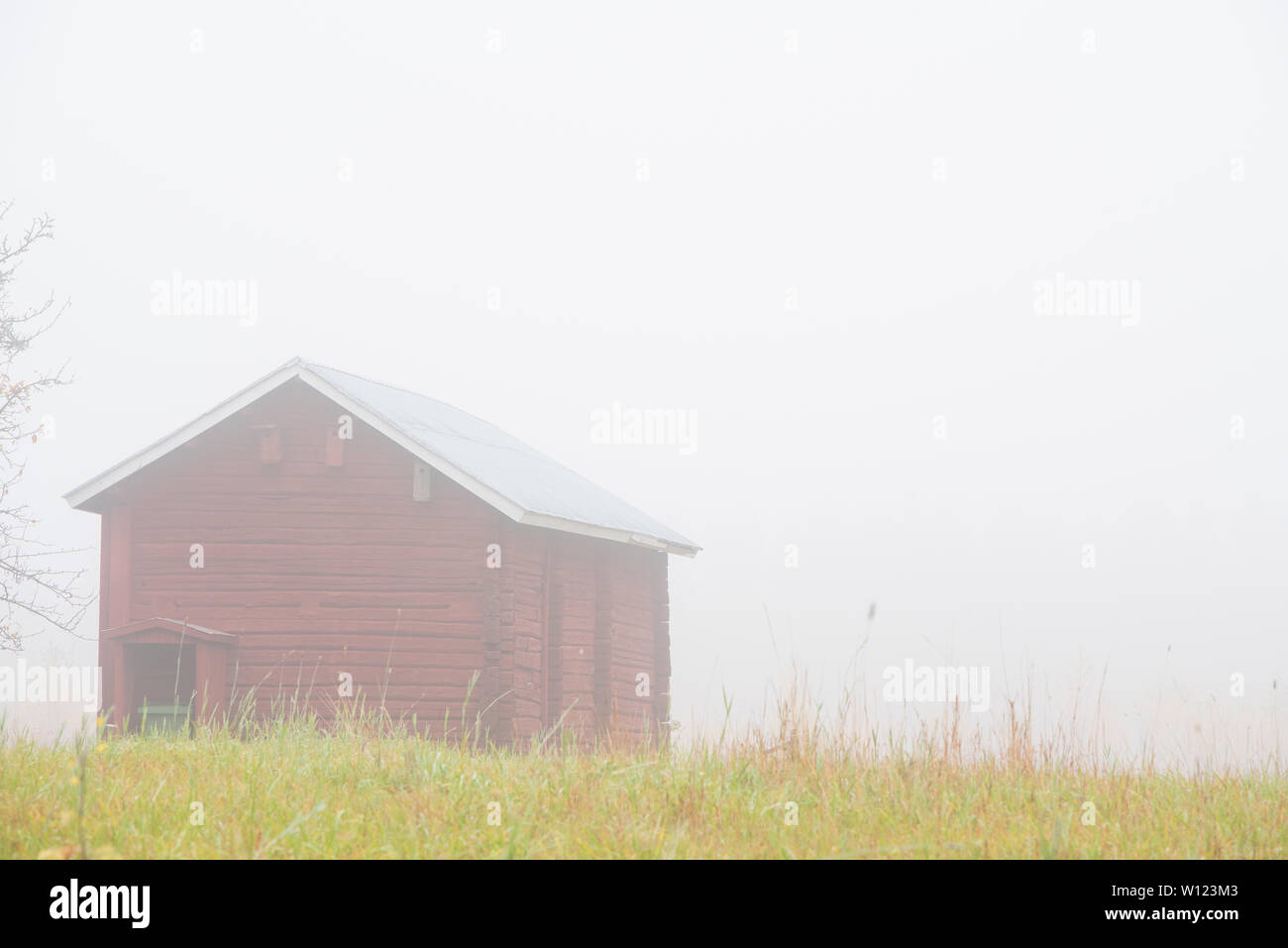 Nebliger Herbst Landschaft in Finnland Stockfoto