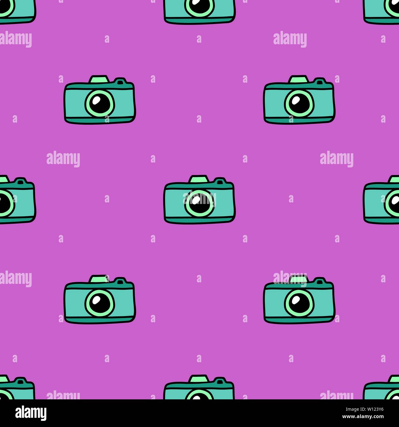 Hand zeichnen Kamera nahtlose Muster. Vektor bunte Rosa endlose Hintergrund in Doodle Stil. Textur für den Druck auf Stoff, Papier, Textilien, Stock Vektor