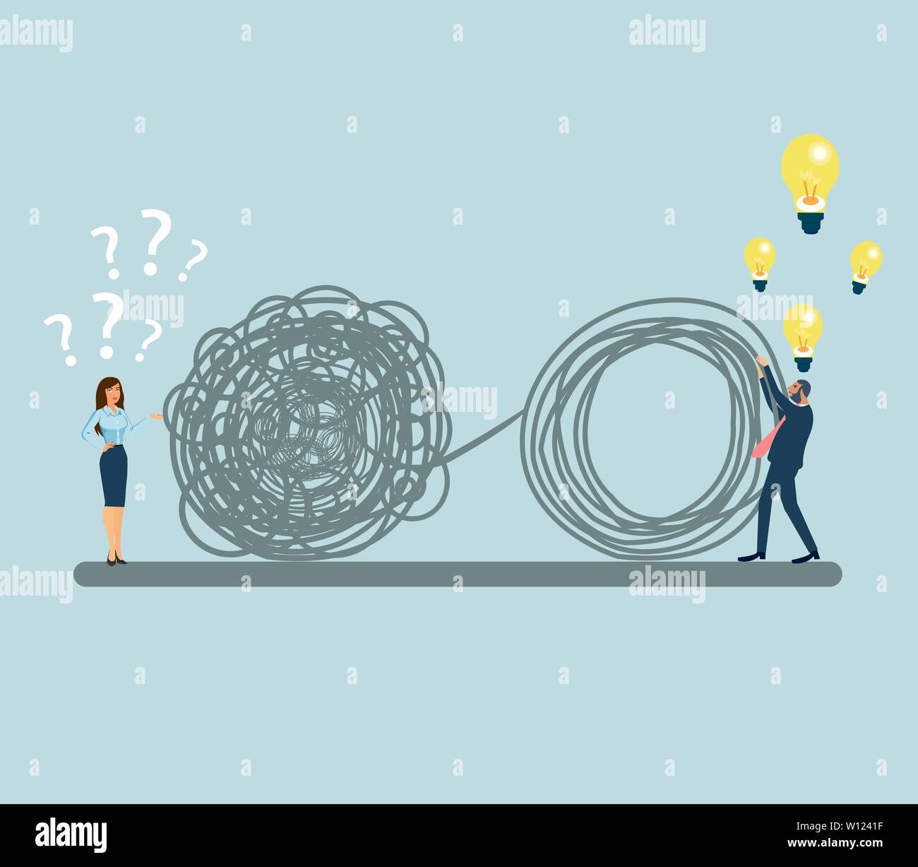 Psychotherapie Konzept. Vektor eines verwirrten Frau mit vielen Fragen und ein Mann ihre Probleme mit Lösung Ideen lösen Stock Vektor