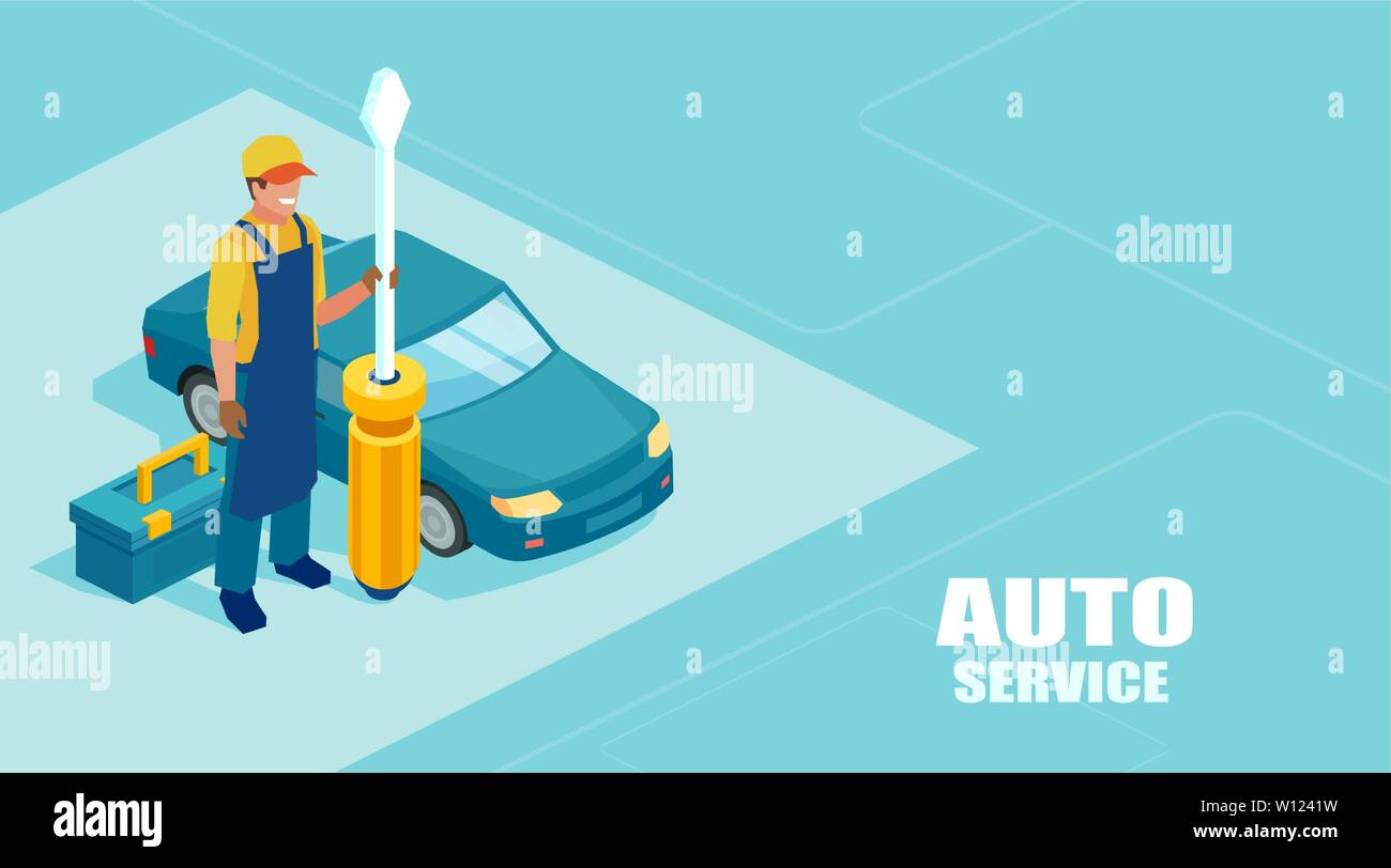 Auto Repair Shop Konzept. Isometrische Vektor von einem Mechaniker mit einem Schraubendreher bereit, ein Auto zu reparieren bietet einen professionellen Service Stock Vektor
