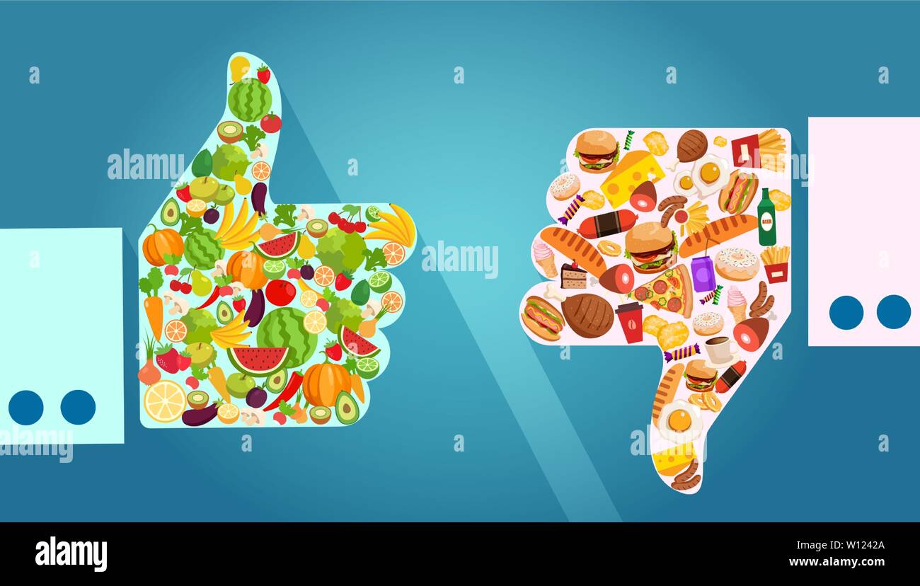 Ernährung Auswahl und Empfehlungen Konzept. Vektor von Gemüse, Obst und ungesunde fast food Vergleich mit Daumen nach oben und unten Geste Stock Vektor