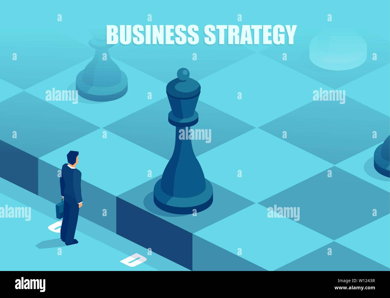 Business Strategie Konzept. Vektor eines Kaufmanns vor einem Schachbrett Denken einer nächsten bewegen Stock Vektor