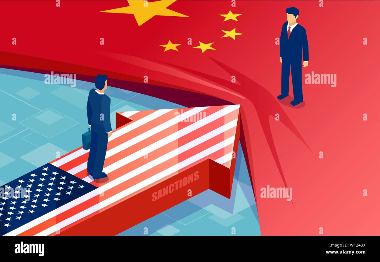 China und die Vereinigten Staaten den Krieg Konflikt Konzept. Der Vektor der zwei gegnerische Fahnen, Geschäftsleute, Handelspartner als Symbol der wirtschaftlichen Streit. Stock Vektor