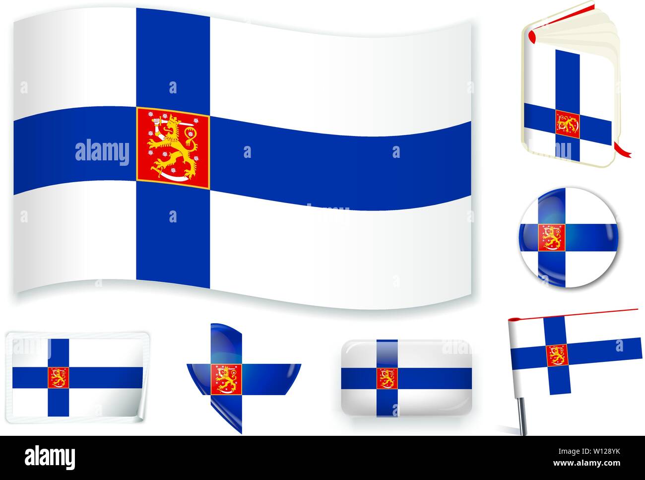Finnland. Finnische Nationalflagge in Welle, Buch, Kreis, Pin, Button Herz und Aufkleber Formen Stock Vektor