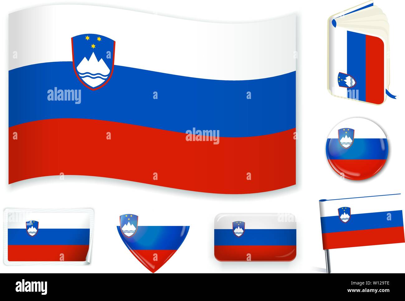 Slowenien. Slowenische Nationalflagge in Welle, Buch, Kreis, Pin, Button Herz und Aufkleber Formen Stock Vektor