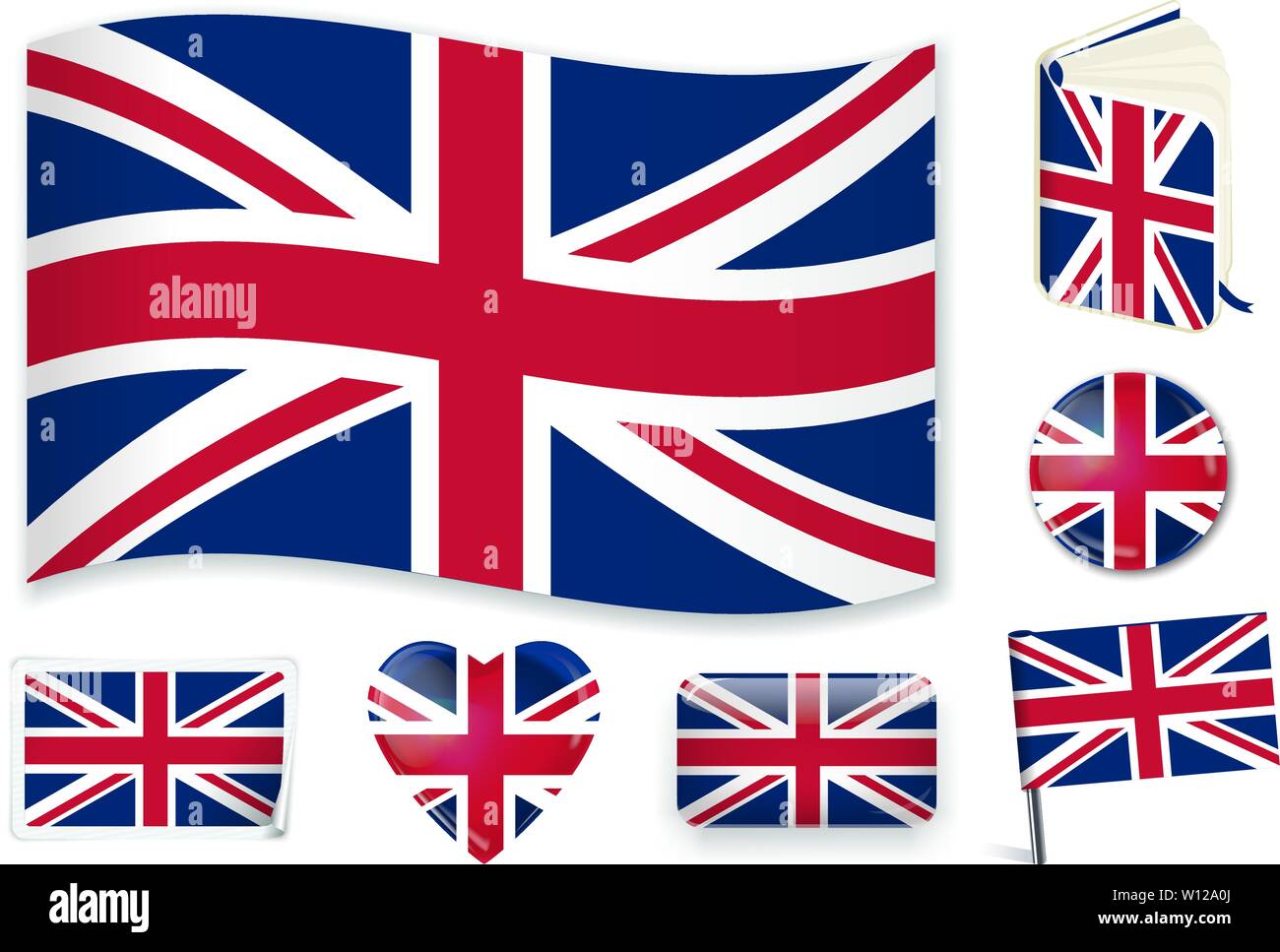 Großbritannien Nationalflagge in Welle, Buch, Kreis, Pin, Button, Herz und Aufkleber formen. Stock Vektor