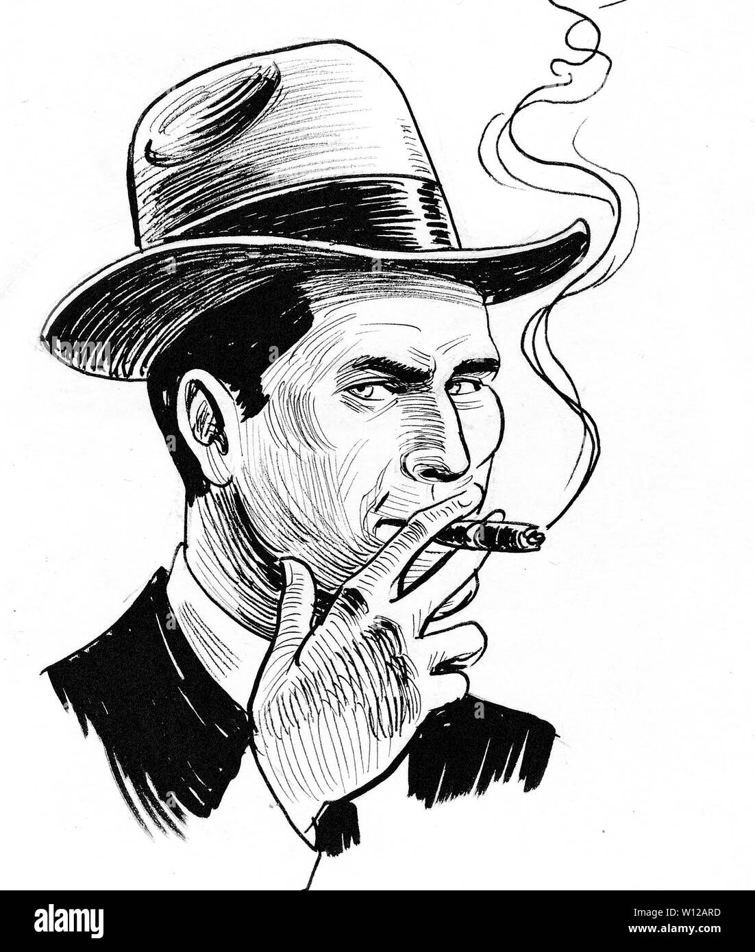 Gangster mit Rauchen Zigarre. Tinte schwarz-weiss Zeichnung Stockfoto