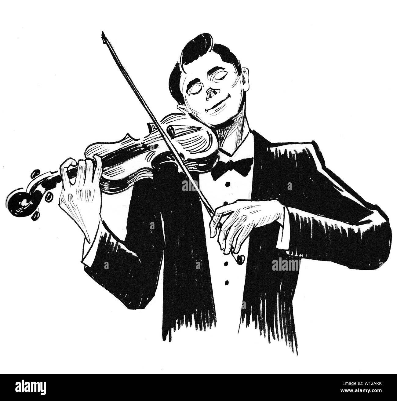 Musiker spielen Geige. Tinte schwarz-weiss Zeichnung Stockfoto