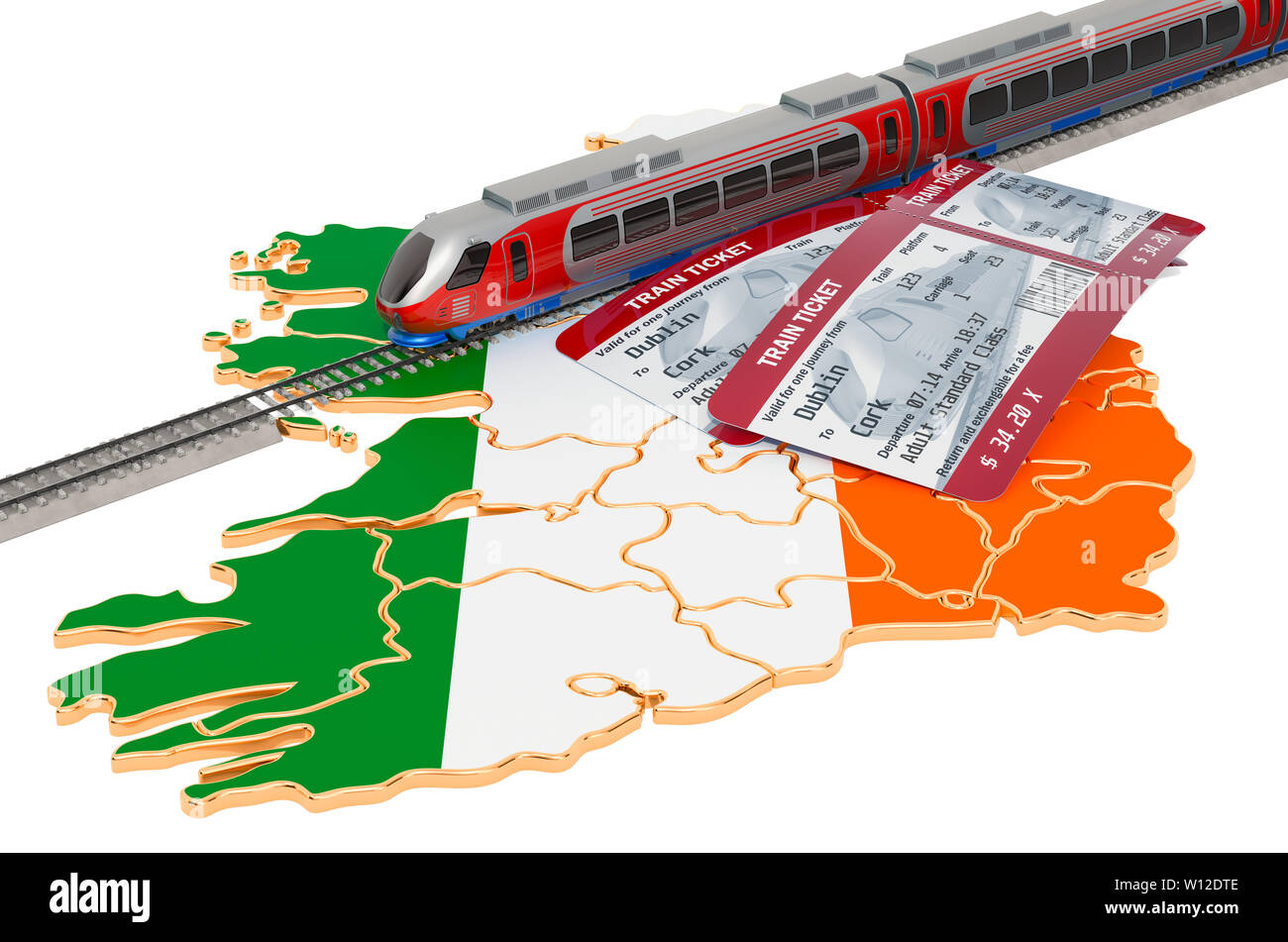 Bahnreisen in Irland, Konzept. 3D-Rendering auf weißem Hintergrund Stockfoto