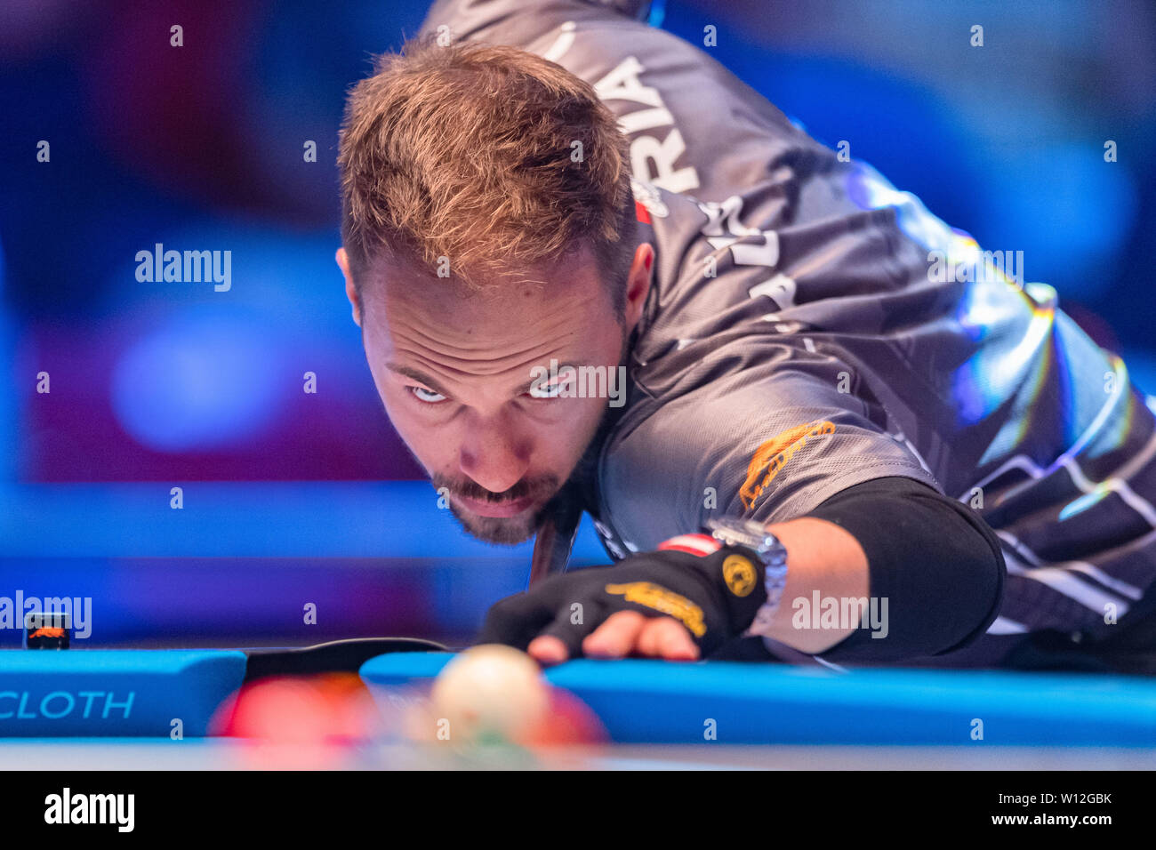 LEICESTER, Vereinigtes Königreich. 29 Juni, 2019. Österreich - Albin Ouschan bei Betvictor World Cup of Pool Viertelfinale zwischen Österreich vs Griechenland Morningside Arena am Samstag, Juni 29, 2019 in Leicester, England. Credit: Taka G Wu/Alamy leben Nachrichten Stockfoto