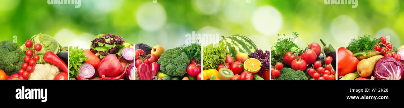 Collage Obst und Gemüse getrennt vertikale Linien auf Grün Natur verschwommenen Hintergrund. Stockfoto