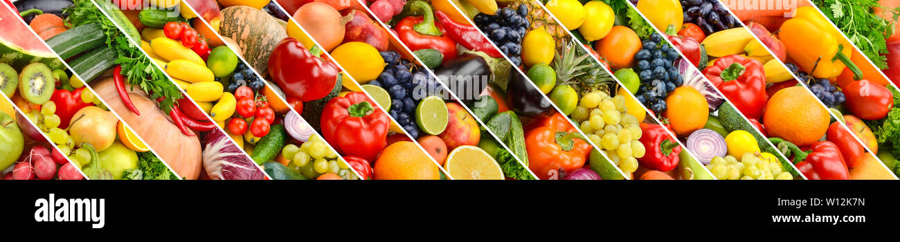 Collage von gesundem Obst und Gemüse unterteilt Schräge weiße Linien Stockfoto