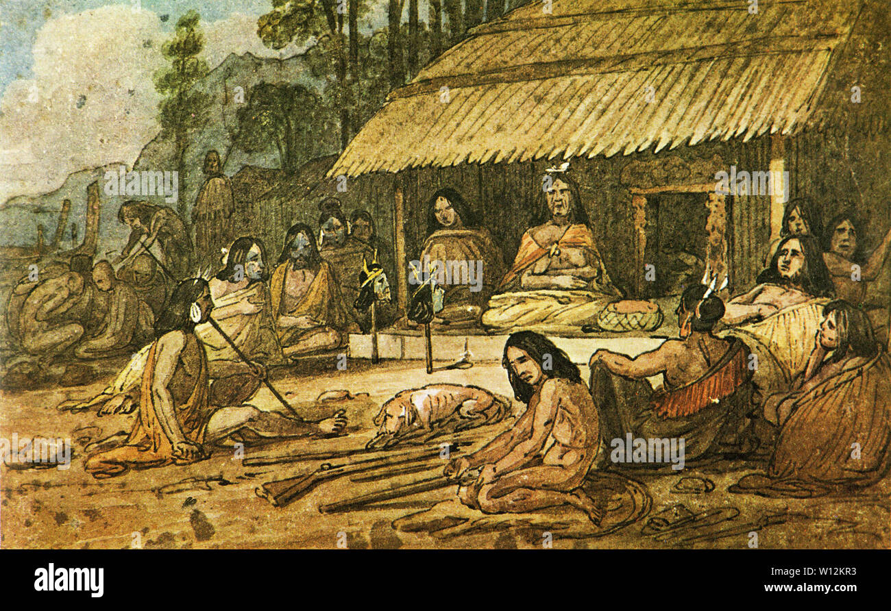 Aquarell von Maori Warriors ihre Trophäen des Krieges präsentiert, zwei